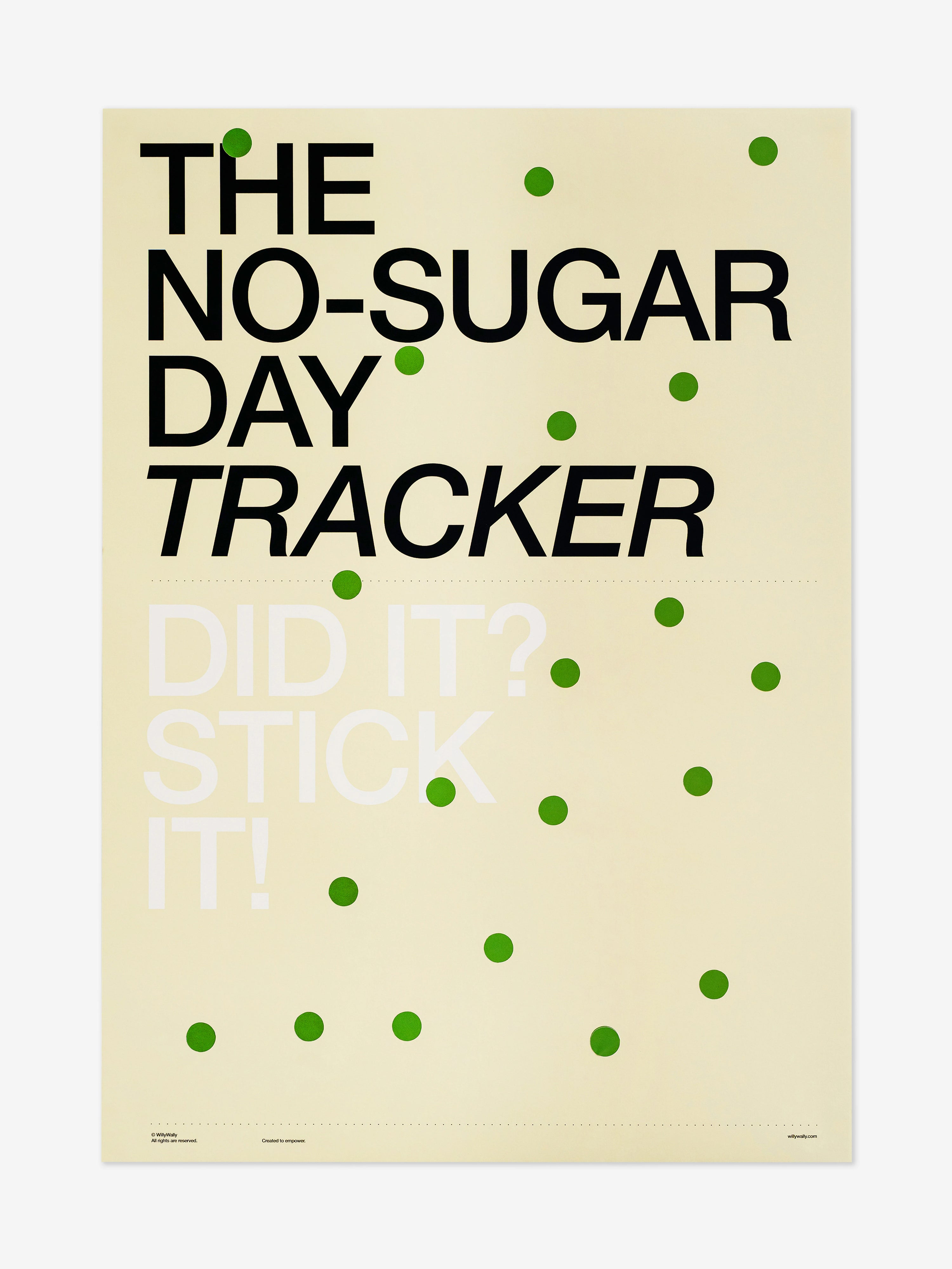 Poster titled 'The No-Sugar Day Tracker' with text and green dots on a beige background