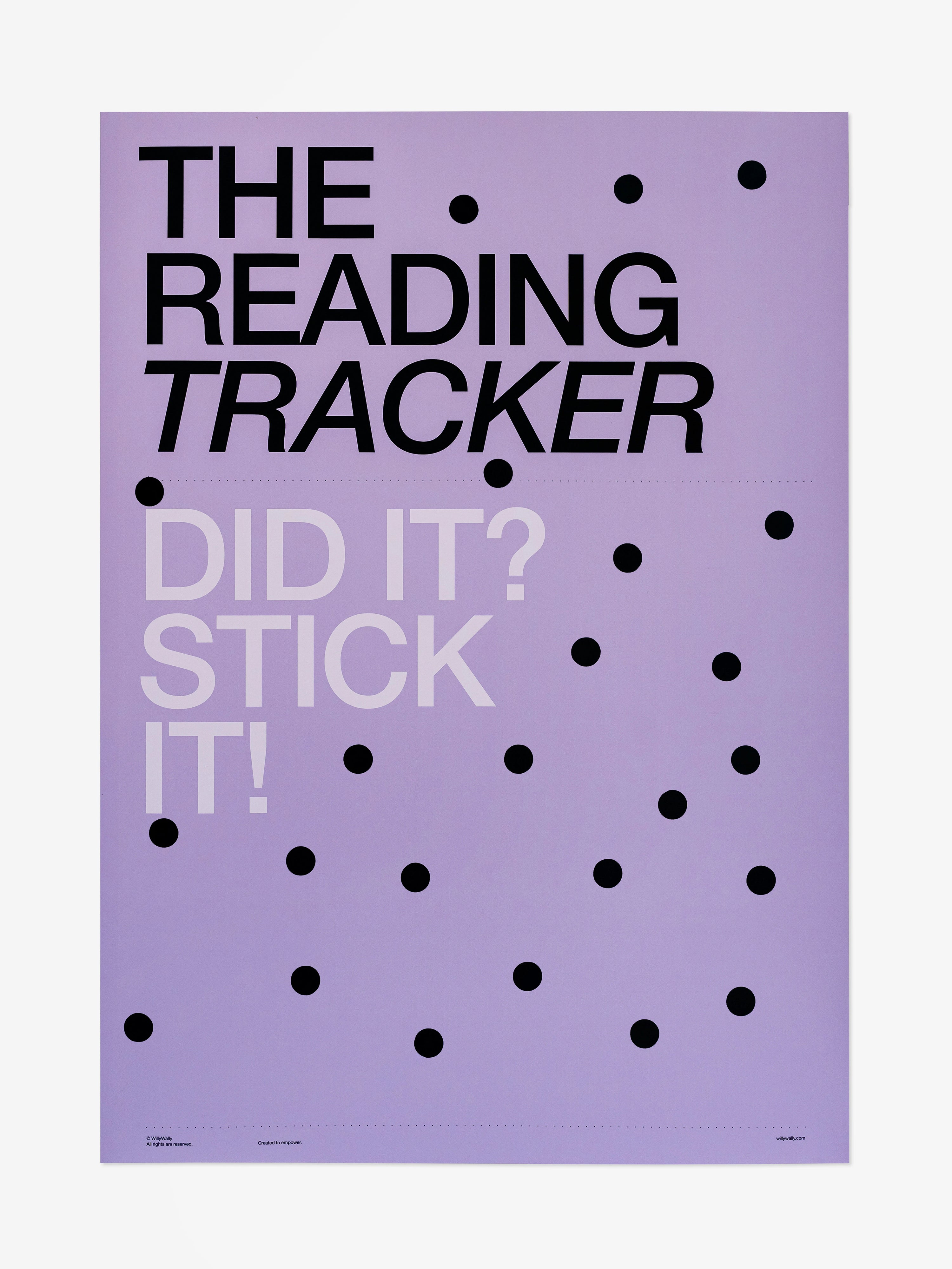 Purple poster with text 'The Reading Tracker' and 'Did it? Stick it!' on a white background