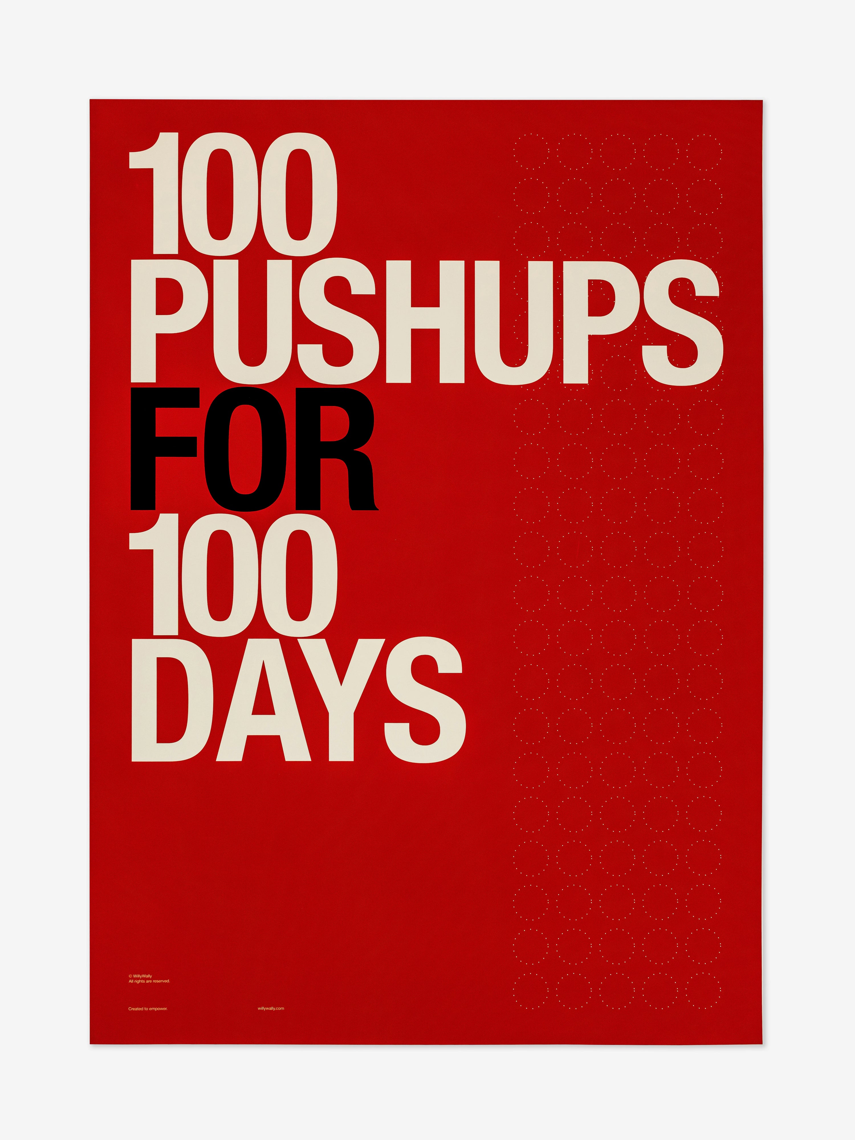 Motivational poster with '100 Pushups for 100 Days' text on a red background