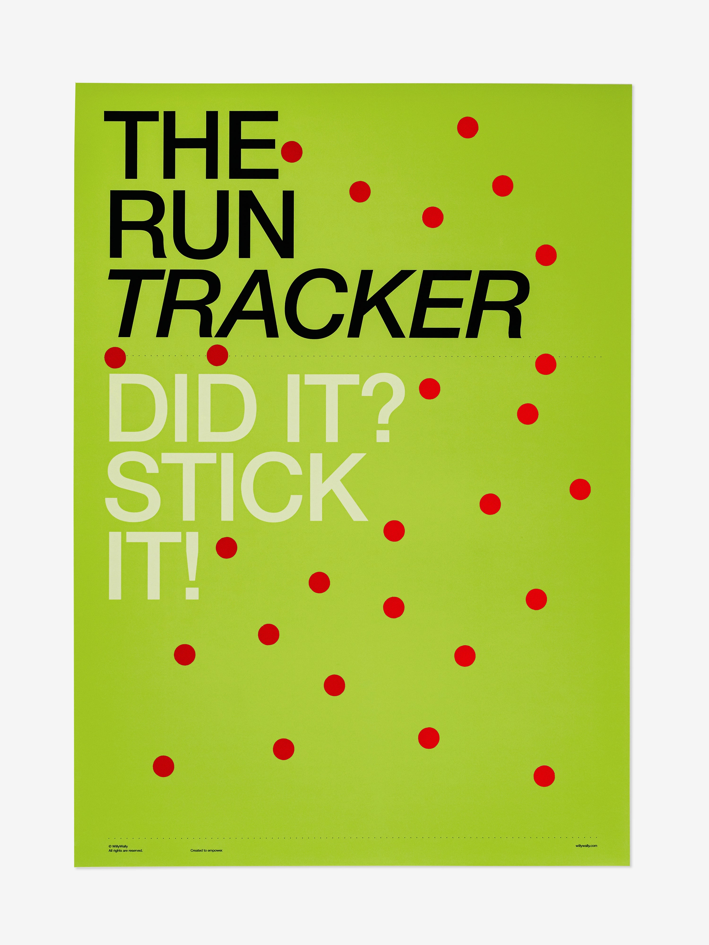 Poster with text 'THE RUN TRACKER DID IT? STICK IT!' on a green background with red dots.