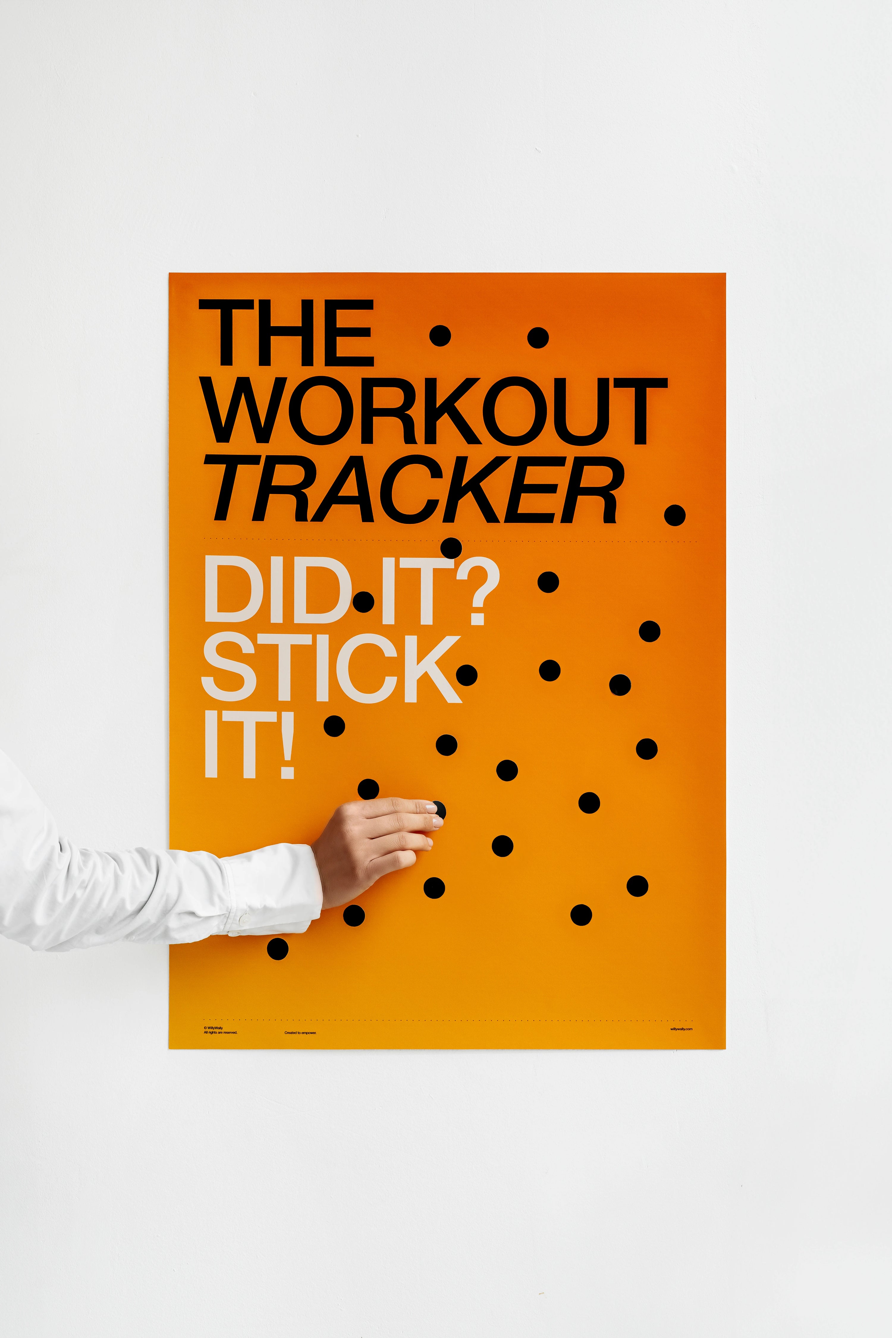 Orange poster with text 'The Workout Tracker Did It? Stick It!' on a white background